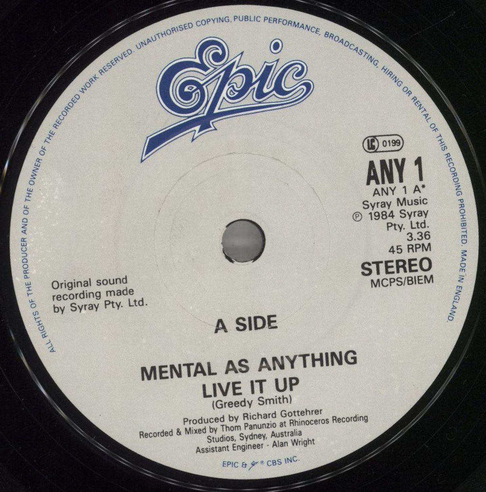 Mental As Anything Live It Up UK 7" vinyl single (7 inch record / 45) MAA07LI273019