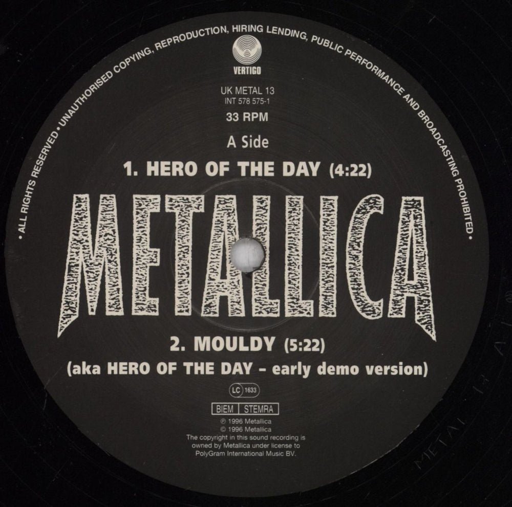 Metallica Hero Of The Day - Embossed UK 12" vinyl single (12 inch record / Maxi-single) MET12HE73120