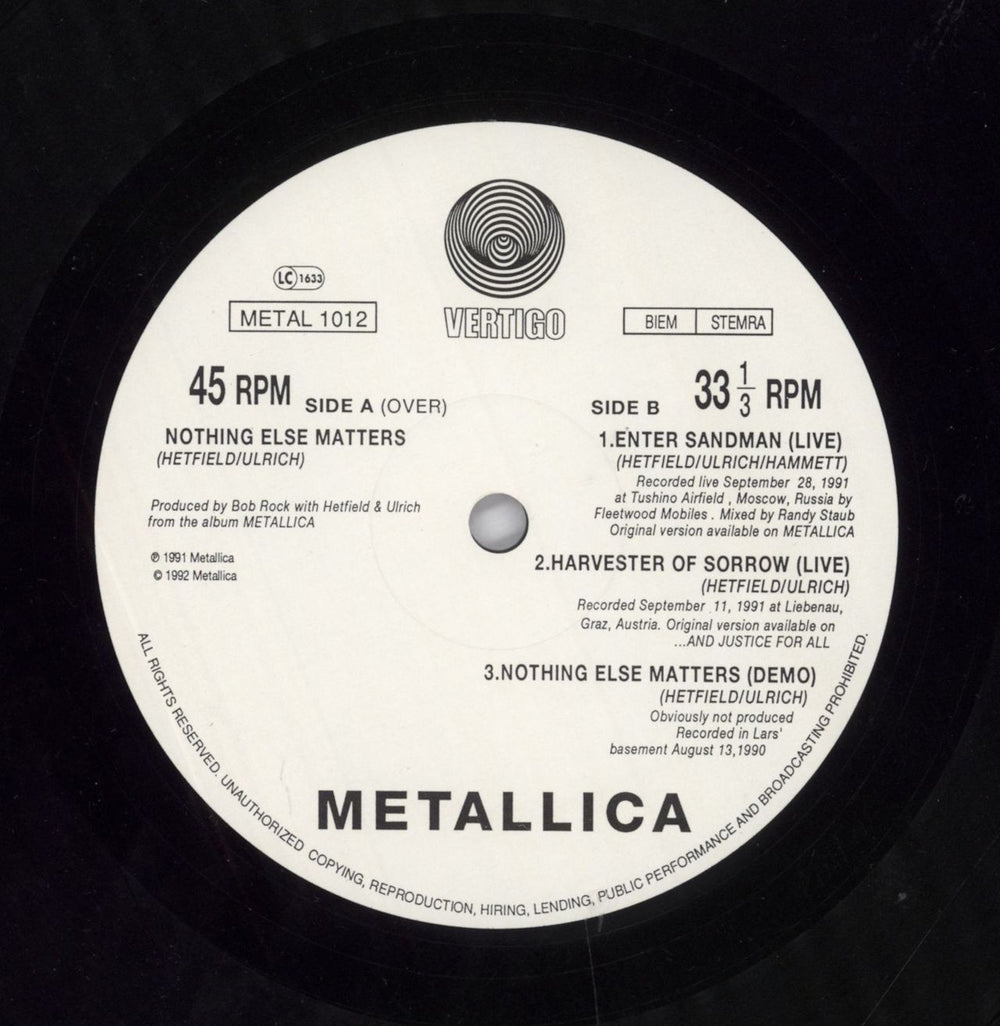 Metallica Nothing Else Matters - EX UK 12" vinyl single (12 inch record / Maxi-single) MET12NO73956