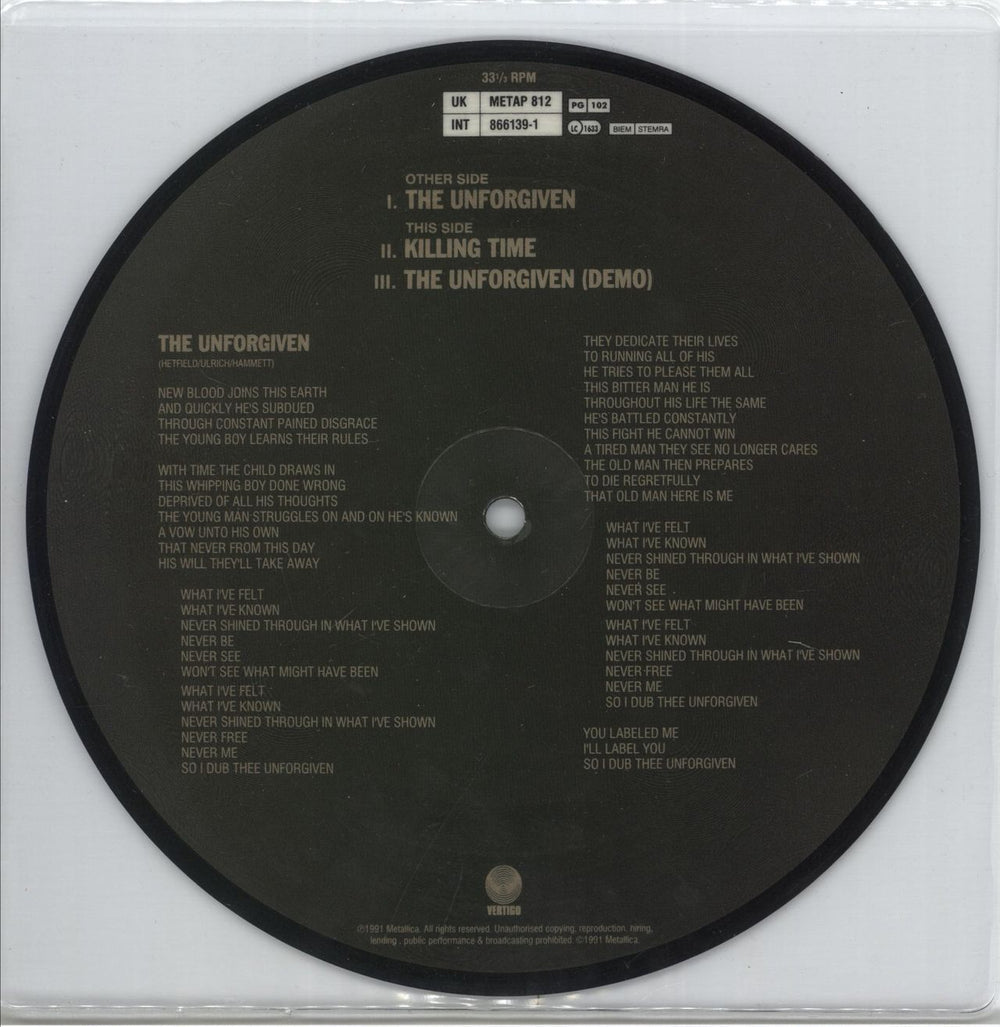Metallica The Unforgiven + Back Inlay UK 7" vinyl picture disc (7 inch picture disc single) MET7PTH00827