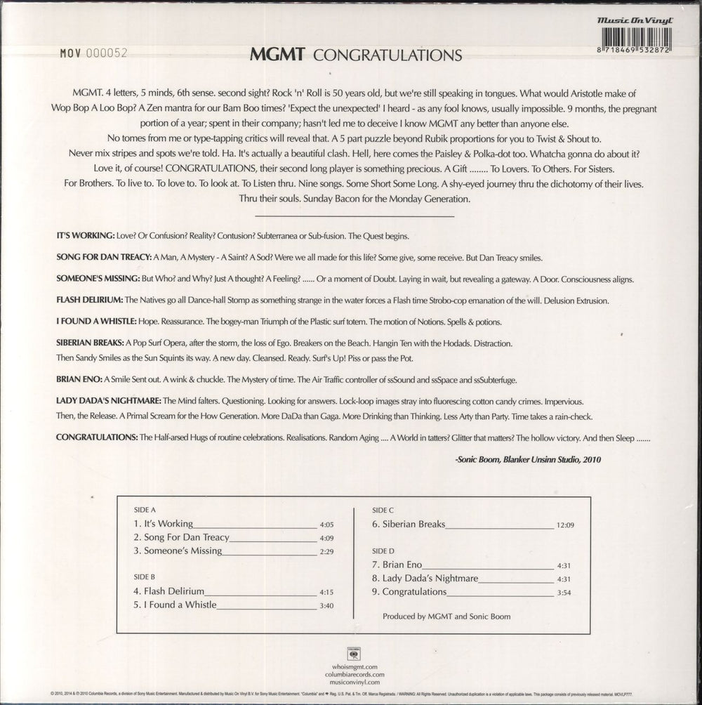 MGMT Congratulations - RSD - 180 Gram Vinyl UK 2-LP vinyl record set (Double LP Album) 8718469532872