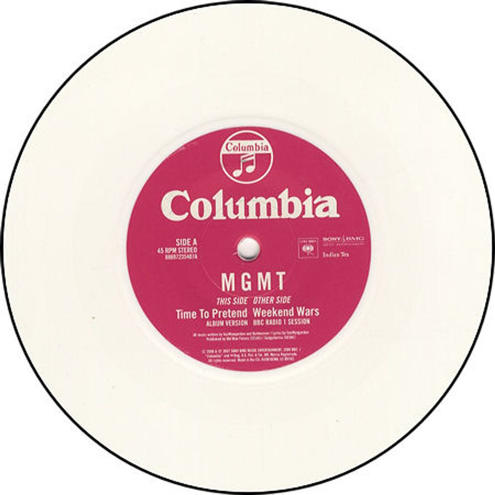 MGMT Time To Pretend - White Vinyl UK 7" vinyl single (7 inch record / 45) MU607TI428836