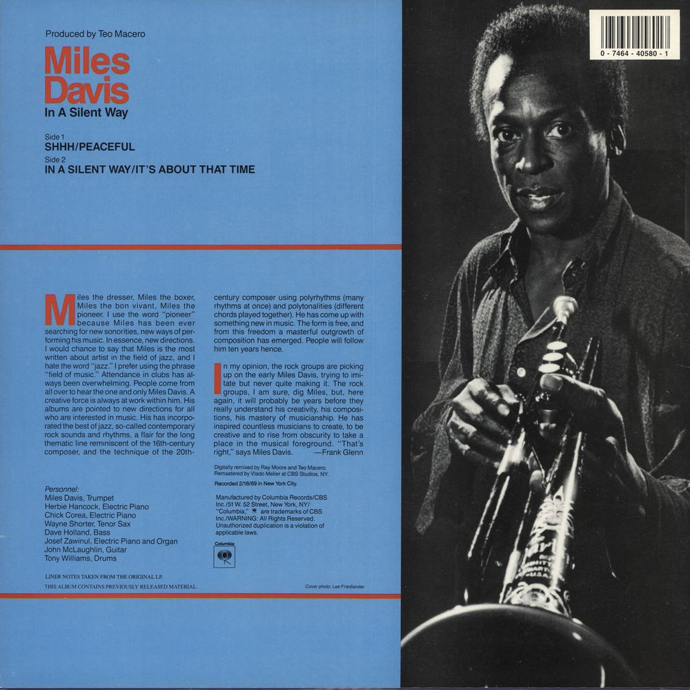 Miles Davis In A Silent Way US vinyl LP album (LP record) 074644058017