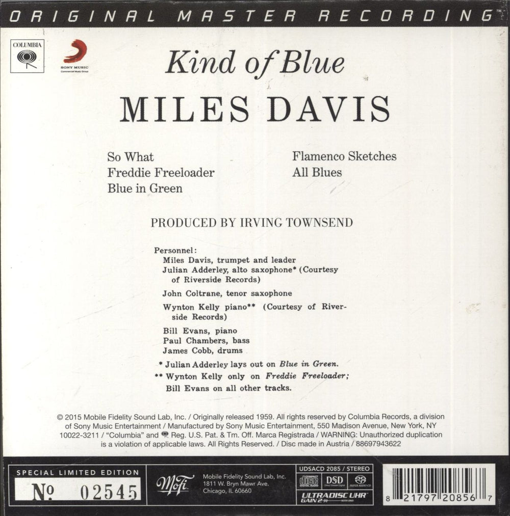 Miles Davis Kind Of Blue - Gold Numbered US super audio CD SACD 821797208567