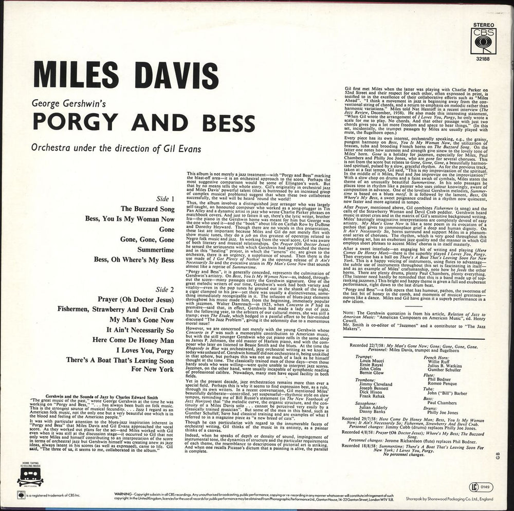 Miles Davis Porgy And Bess - Red Label UK vinyl LP album (LP record)