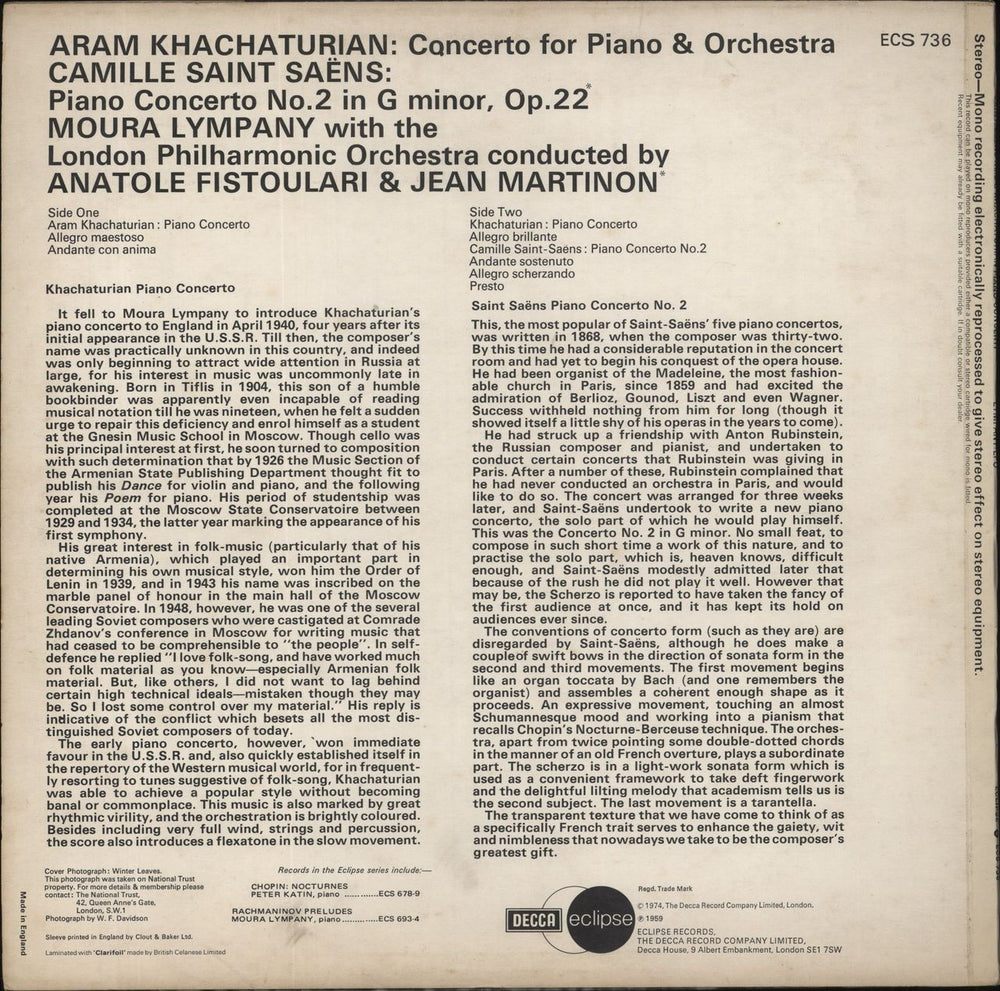 Moura Lympany Khachaturian: Piano Concerto / Saint-Saëns: Piano Concerto No. 2 UK vinyl LP album (LP record)