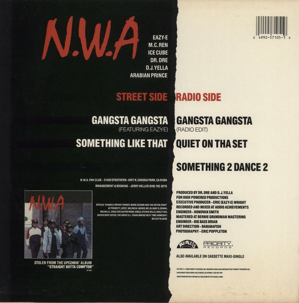 N.W.A. Gangsta Gangsta - Maxi Single US 12" vinyl single (12 inch record / Maxi-single) 049925710519