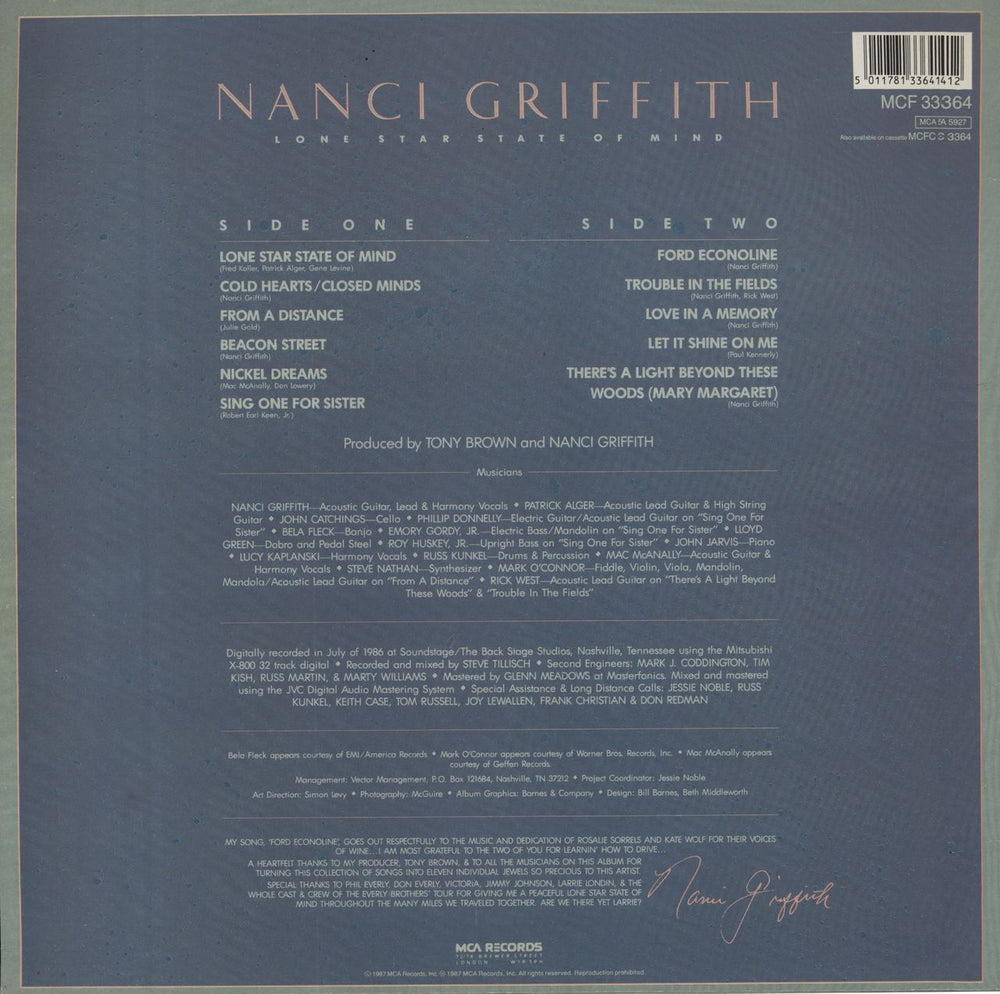 Nanci Griffith Lone Star State Of Mind UK vinyl LP album (LP record) 5011781336412