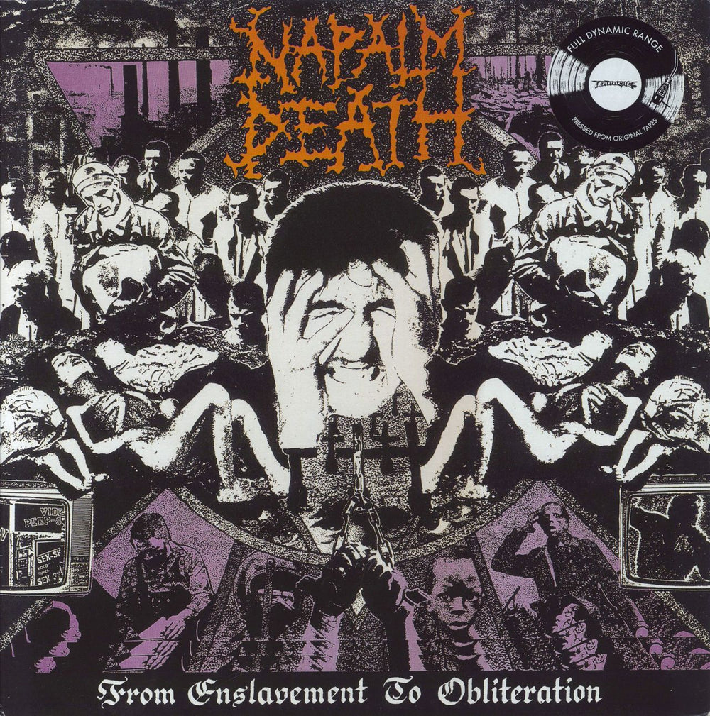 Napalm Death From Enslavement To Obliteration - Hype-sticker UK vinyl LP album (LP record) MOSH008FDRUS