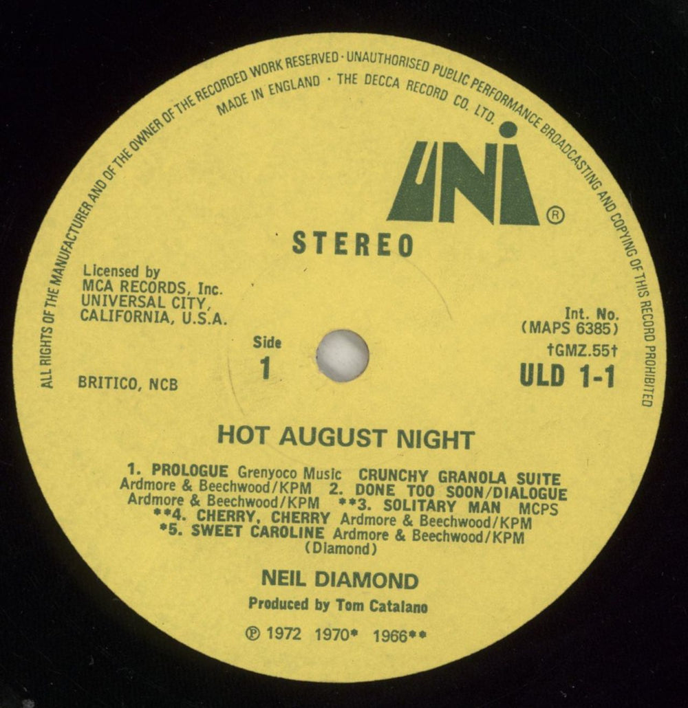 Neil Diamond Hot August Night UK 2-LP vinyl record set (Double LP Album) NDI2LHO362866