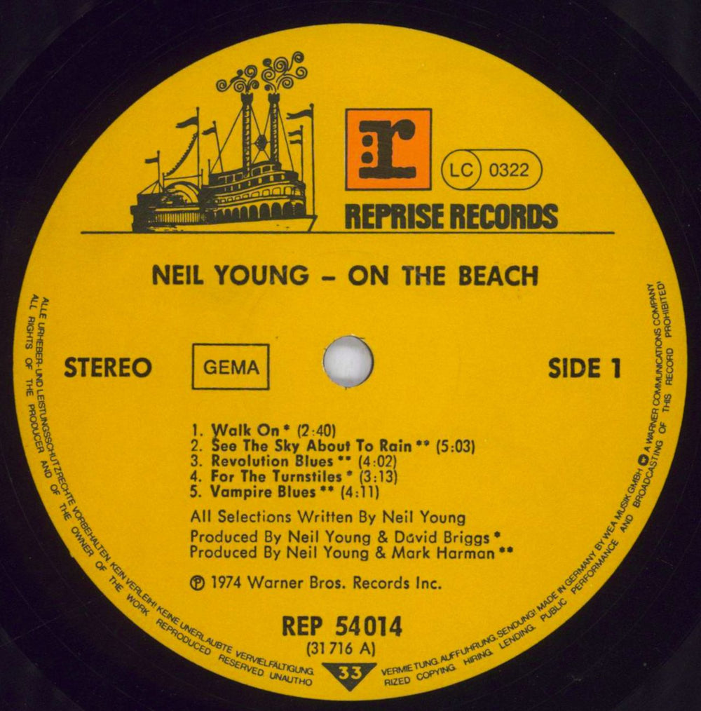 Neil Young On The Beach - Floral Inside Sleeve - VG German vinyl LP album (LP record) YOULPON830550