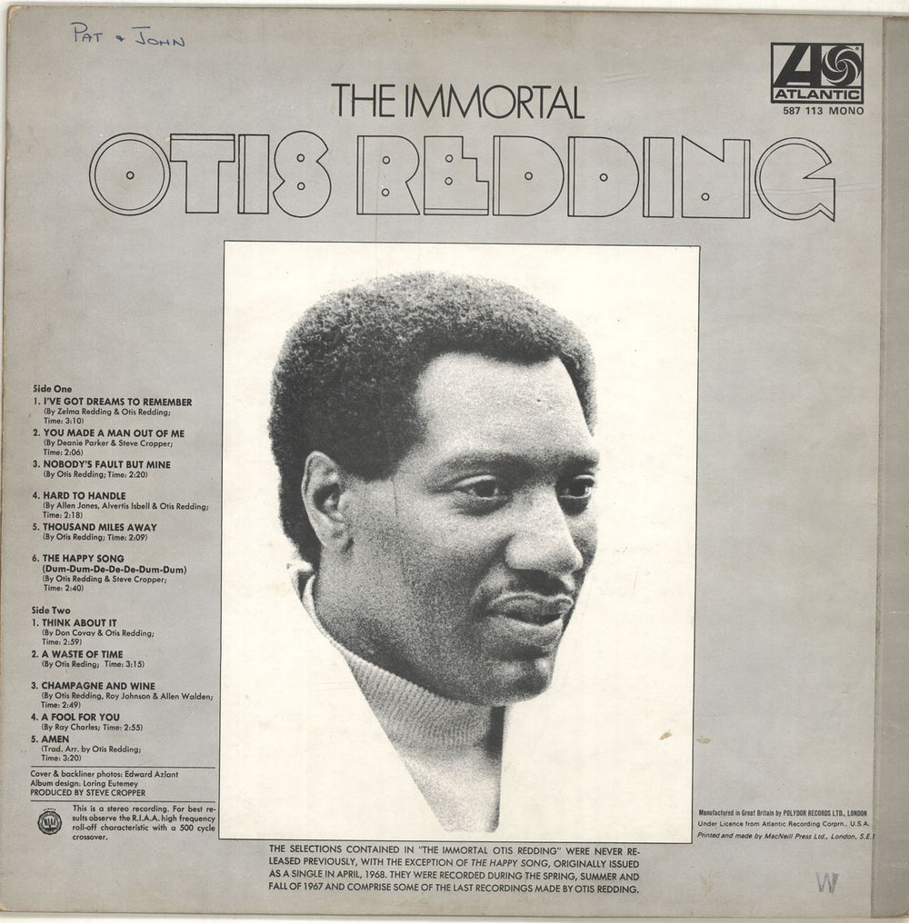 Otis Redding The Immortal Otis Redding UK vinyl LP album (LP record)