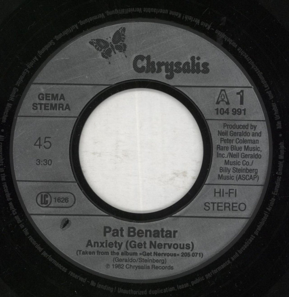 Pat Benatar Anxiety [Get Nervous] German 7" vinyl single (7 inch record / 45) BEN07AN850836