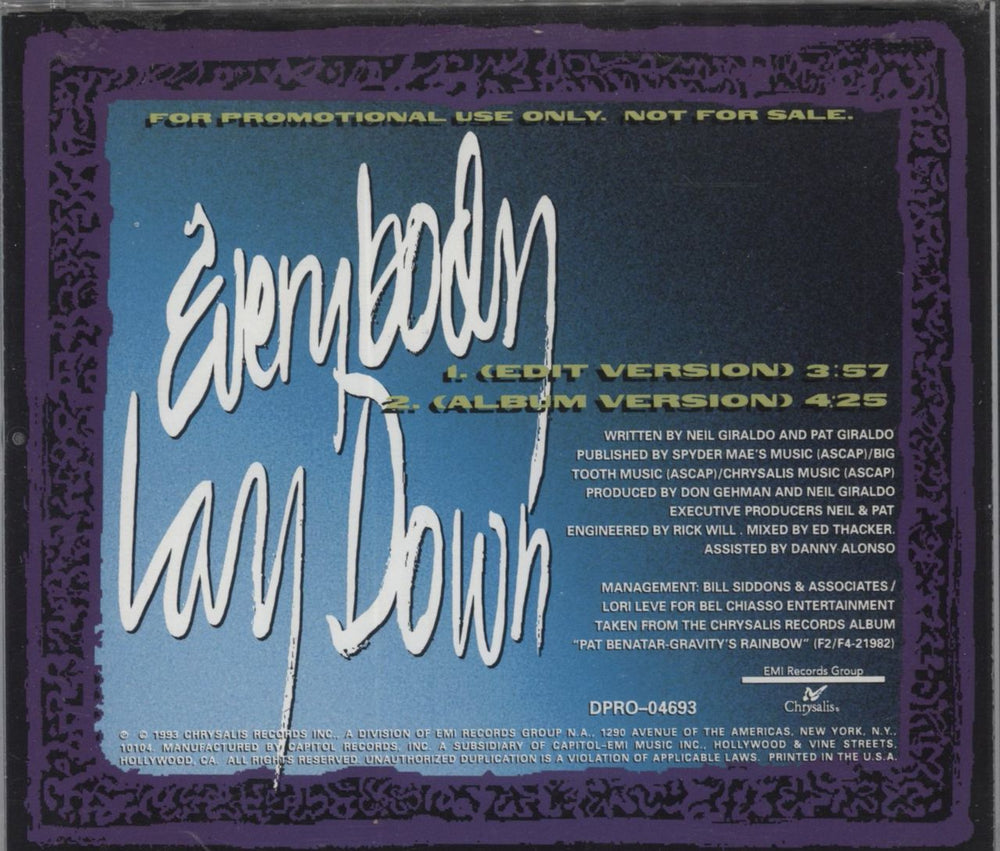 Pat Benatar Everybody Lay Down US Promo CD single (CD5 / 5")