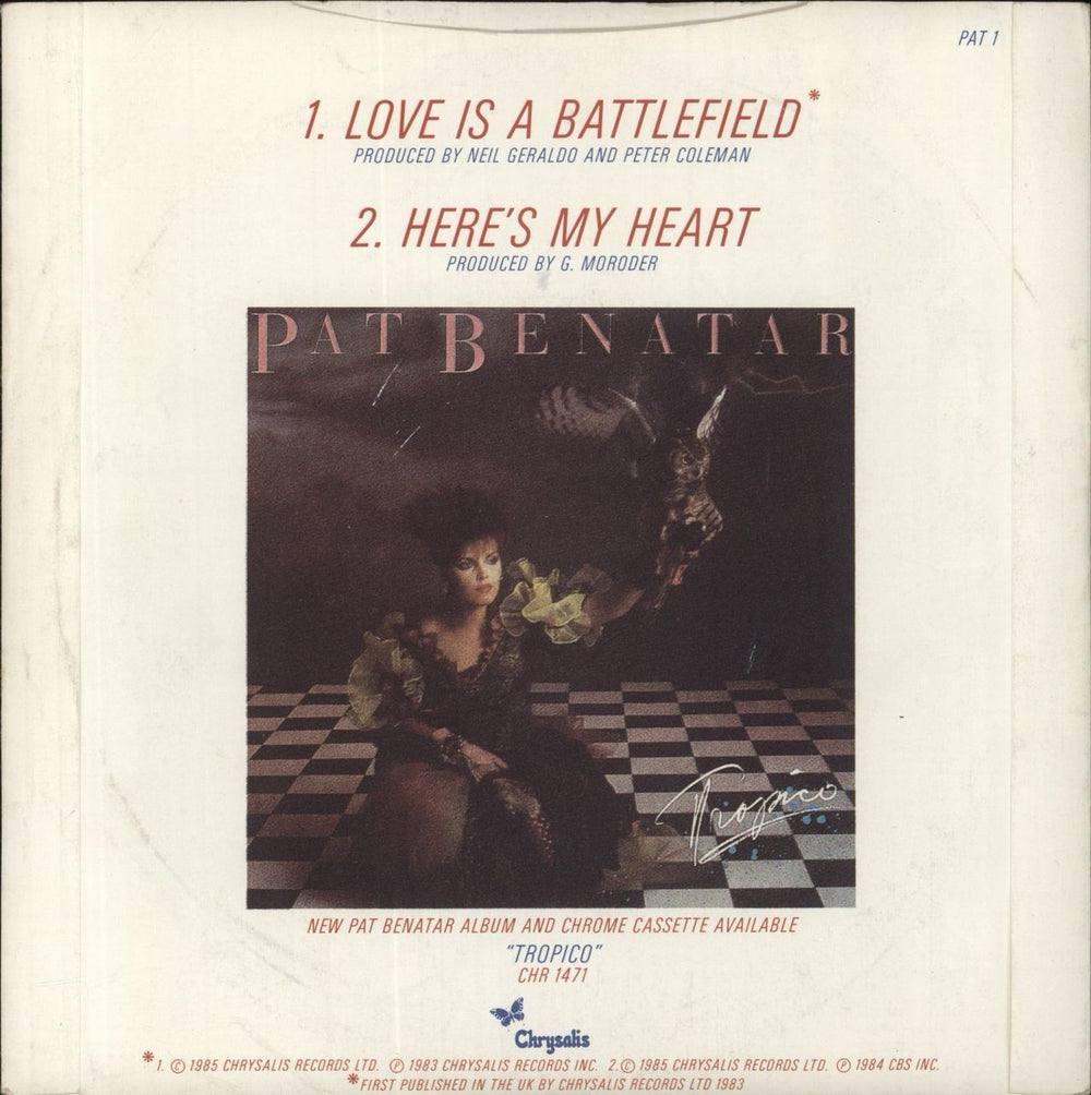 Pat Benatar Love Is A Battlefield UK 7" vinyl single (7 inch record / 45)