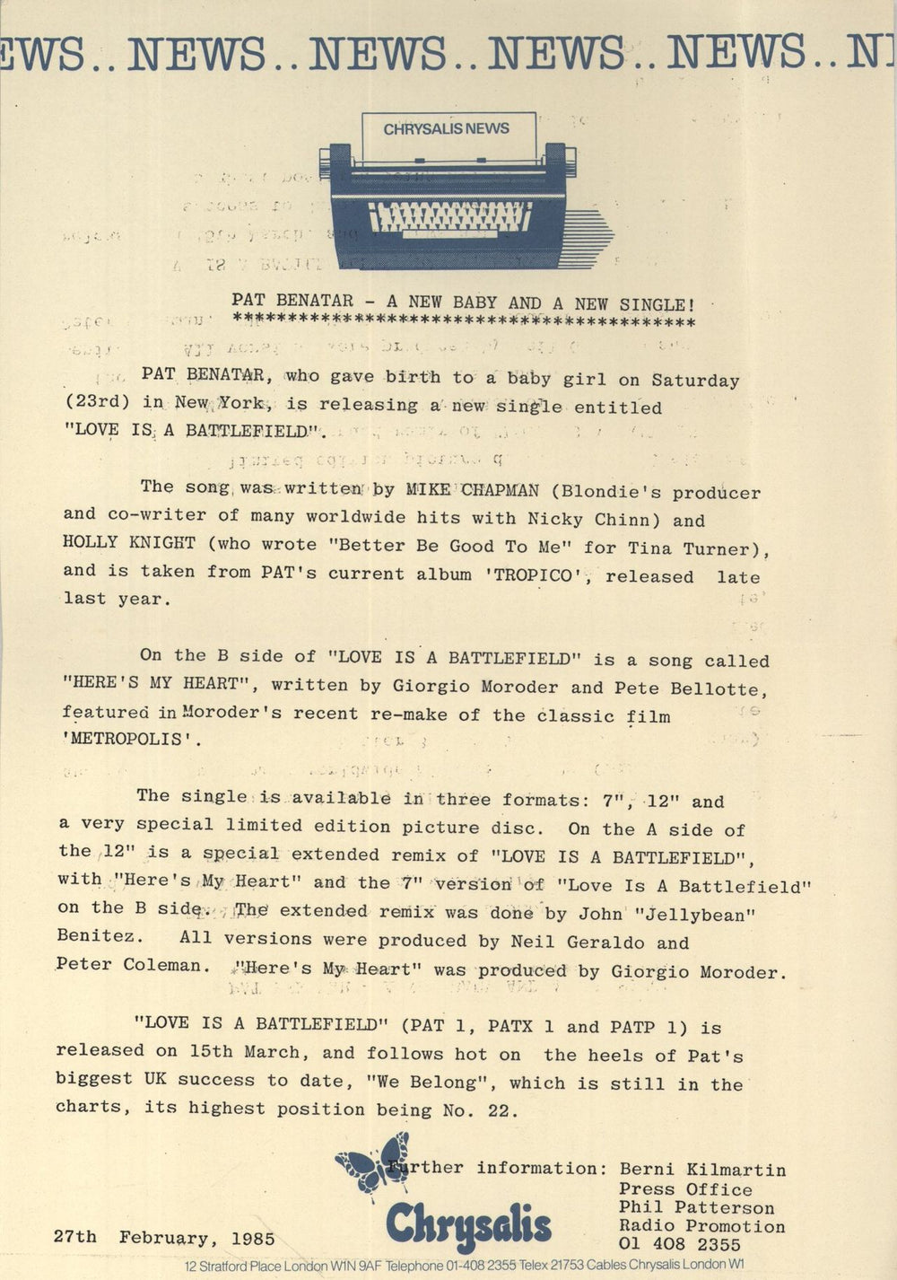 Pat Benatar Love Is A Battlefield UK 7" vinyl single (7 inch record / 45)