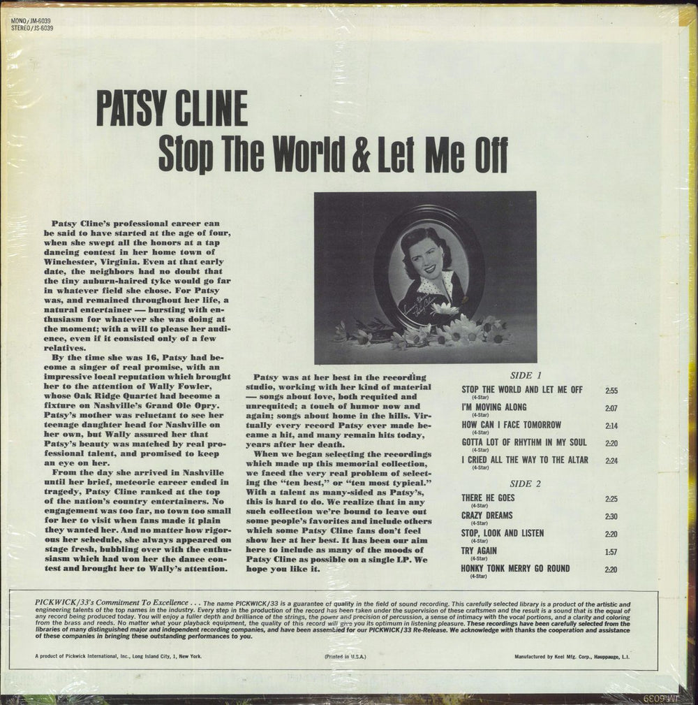 Patsy Cline Stop The World & Let Me Off US vinyl LP album (LP record)