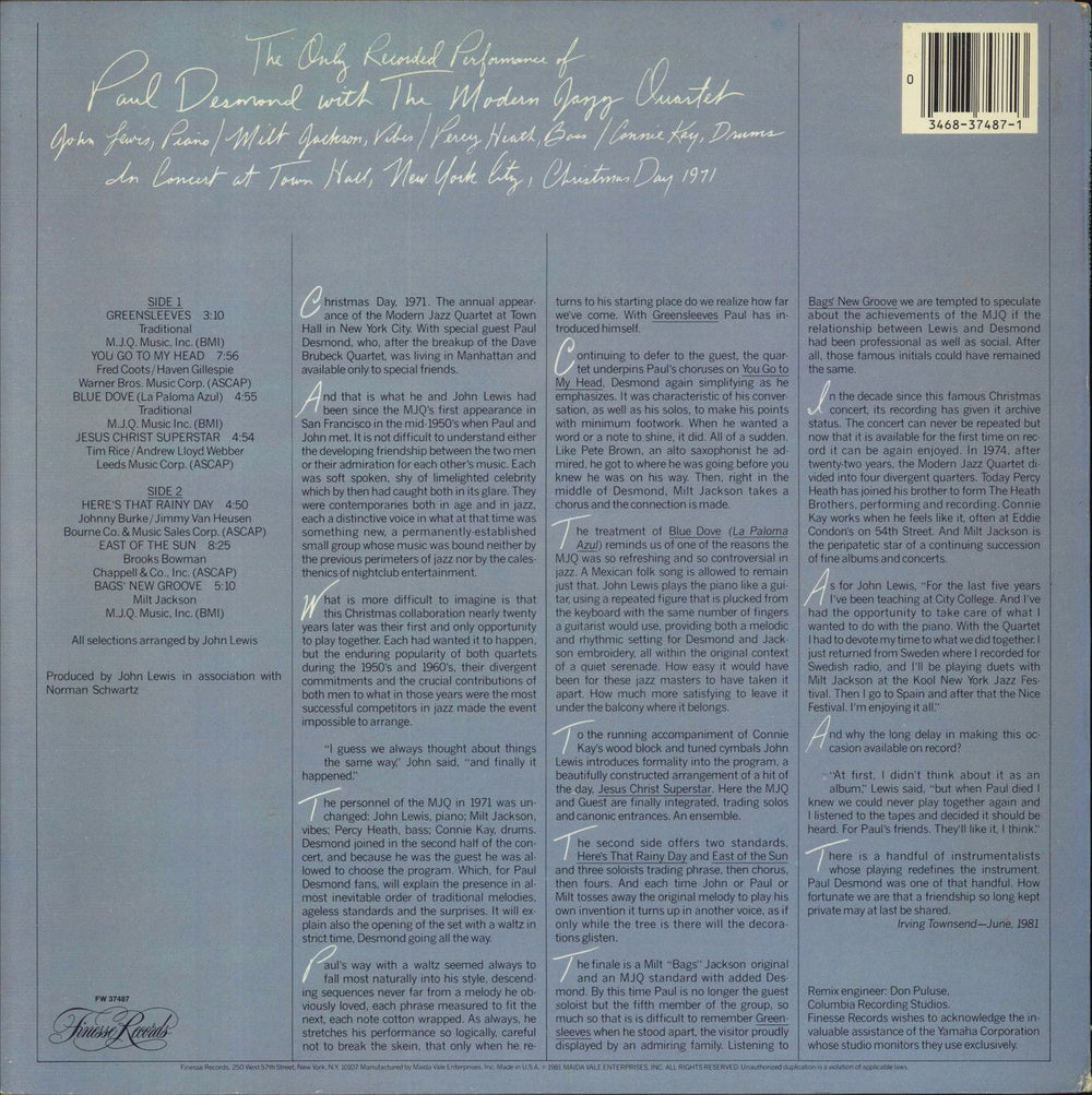 Paul Desmond The Only Recorded Performance Of Paul Desmond With The Modern Jazz Quartet US vinyl LP album (LP record)