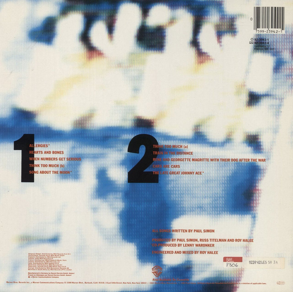 Paul Simon Hearts And Bones German vinyl LP album (LP record) 075992394215