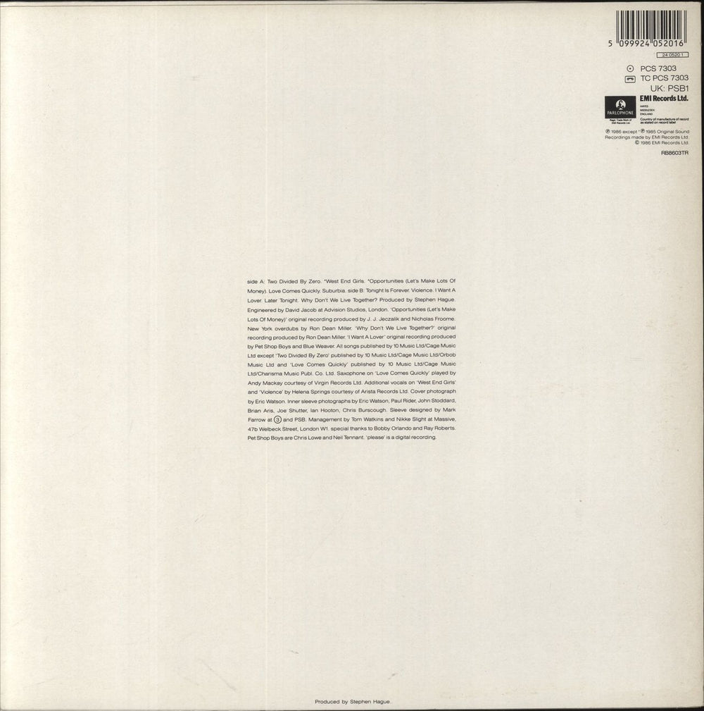 Pet Shop Boys Please UK vinyl LP album (LP record) 5099924052016