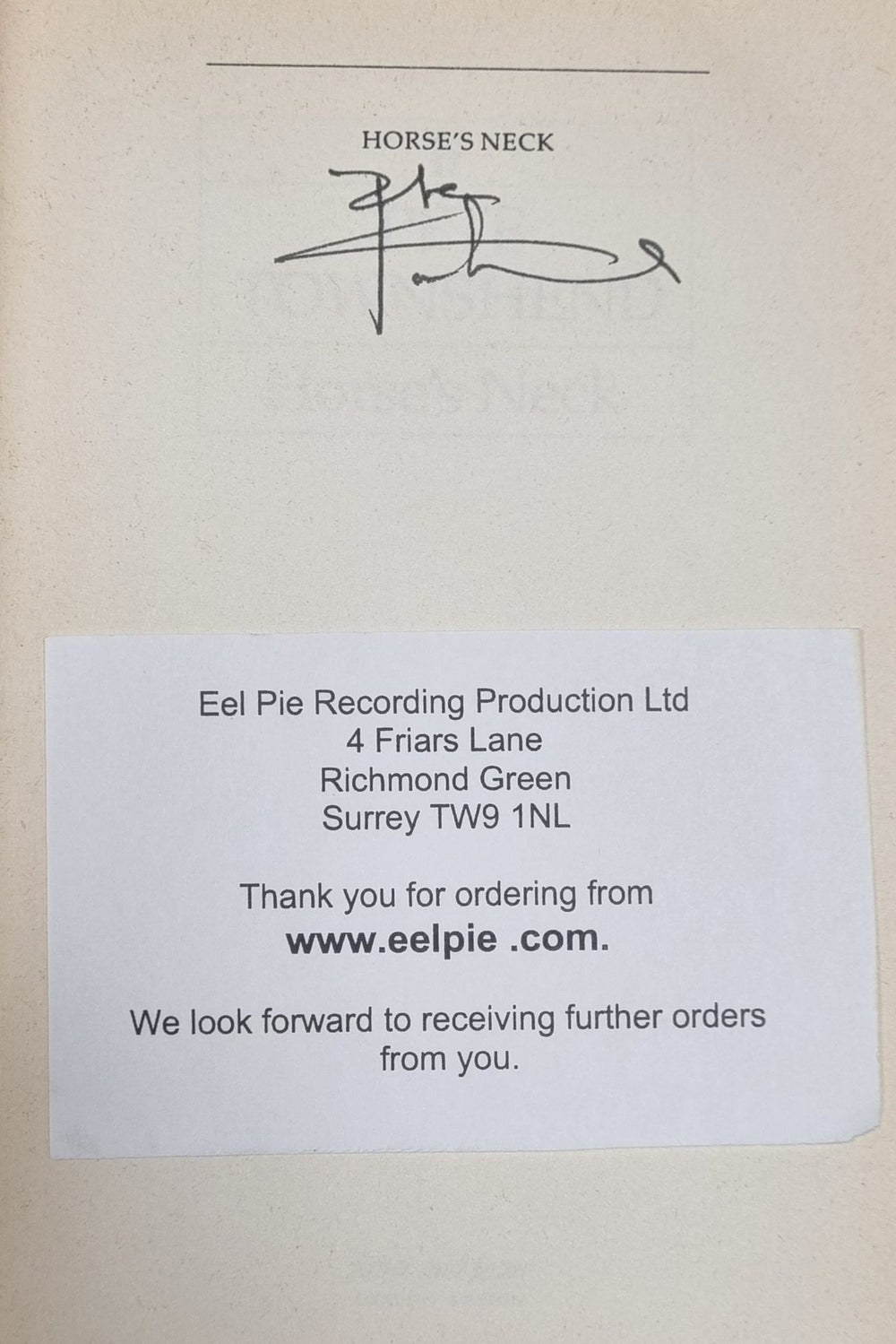 Pete Townshend Horse's Neck - Autographed UK book TOWBKHO731922