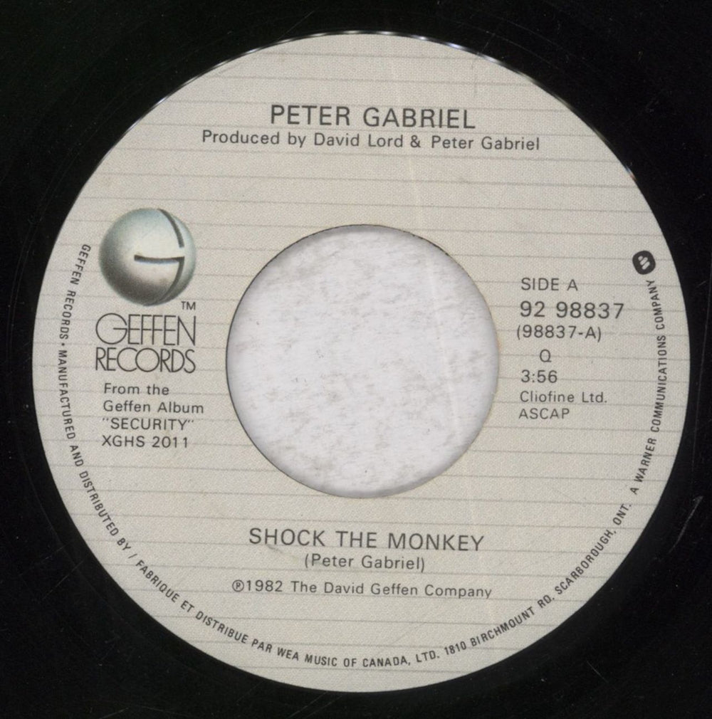 Peter Gabriel Shock The Monkey Canadian 7" vinyl single (7 inch record / 45) 92-98837