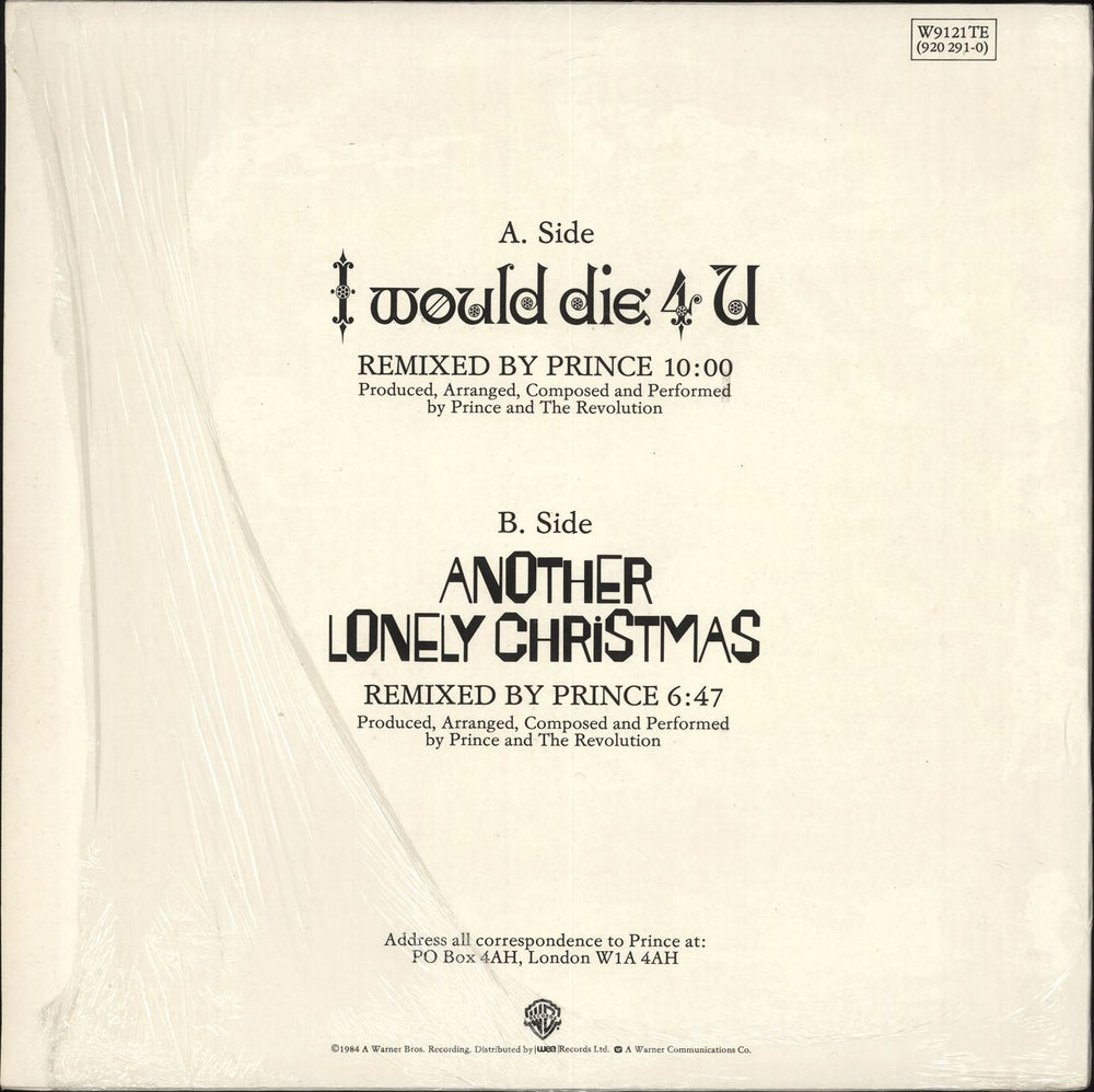 Prince I Would Die 4 U - U.S. Remix UK 12" vinyl single (12 inch record / Maxi-single)