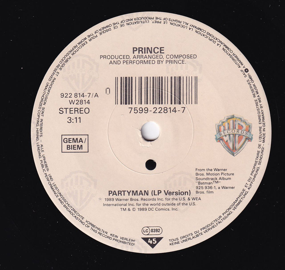 Prince Partyman German 7" vinyl single (7 inch record / 45) 075992281478