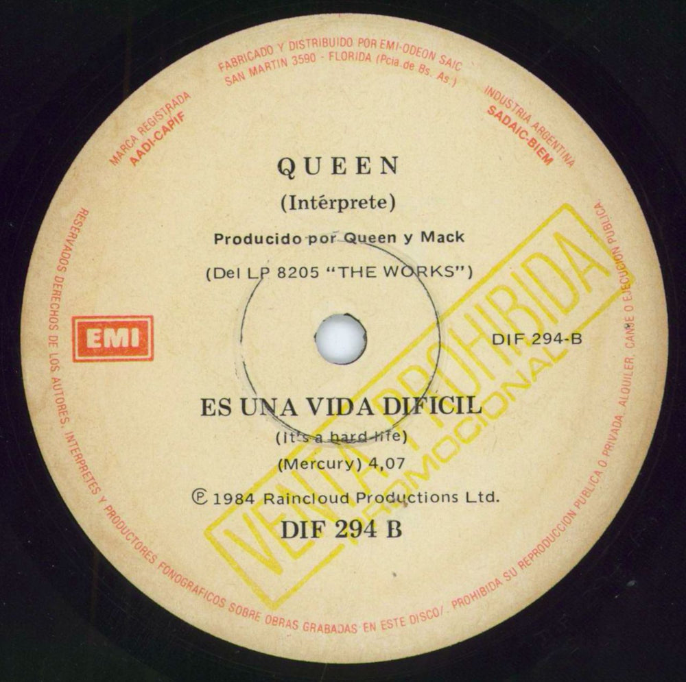 Queen Es Una Vida Dificil Argentinean Promo 7" vinyl single (7 inch record / 45)