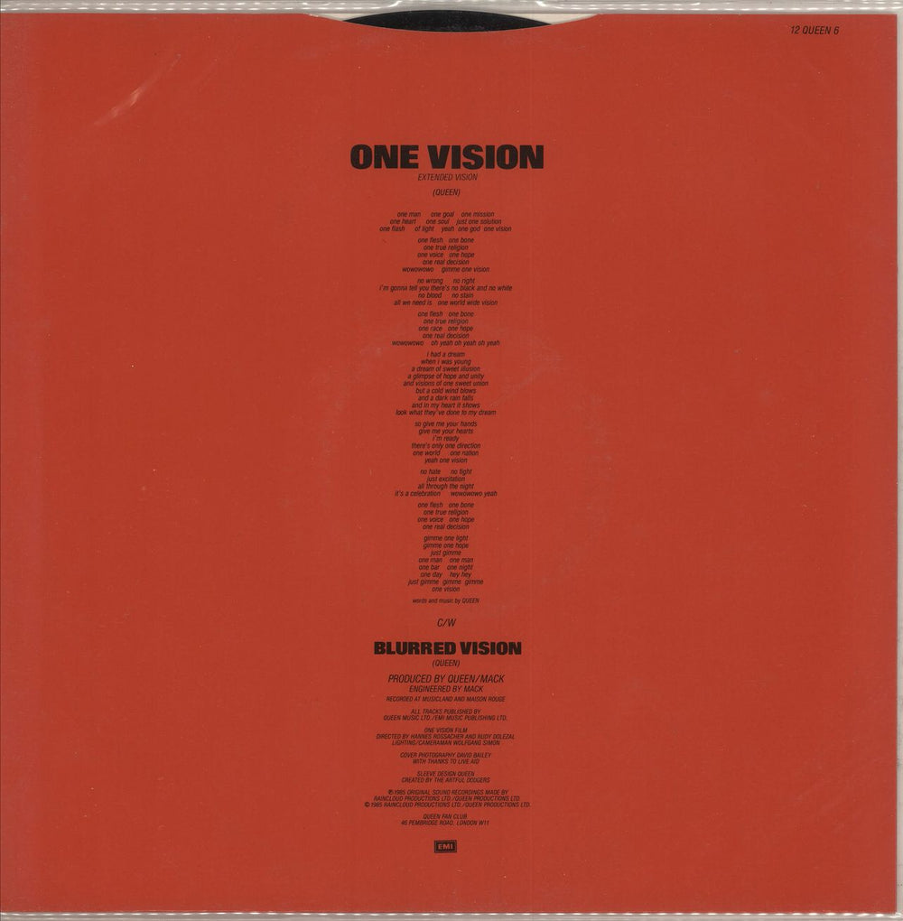 Queen One Vision + Inner & PVC Sleeve UK 12" vinyl single (12 inch record / Maxi-single)