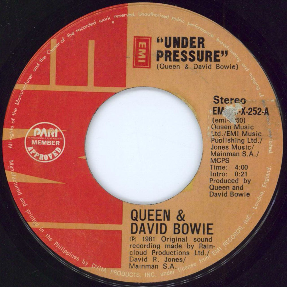 Queen Under Pressure Philippino 7" vinyl single (7 inch record / 45) EMI-73-X-252