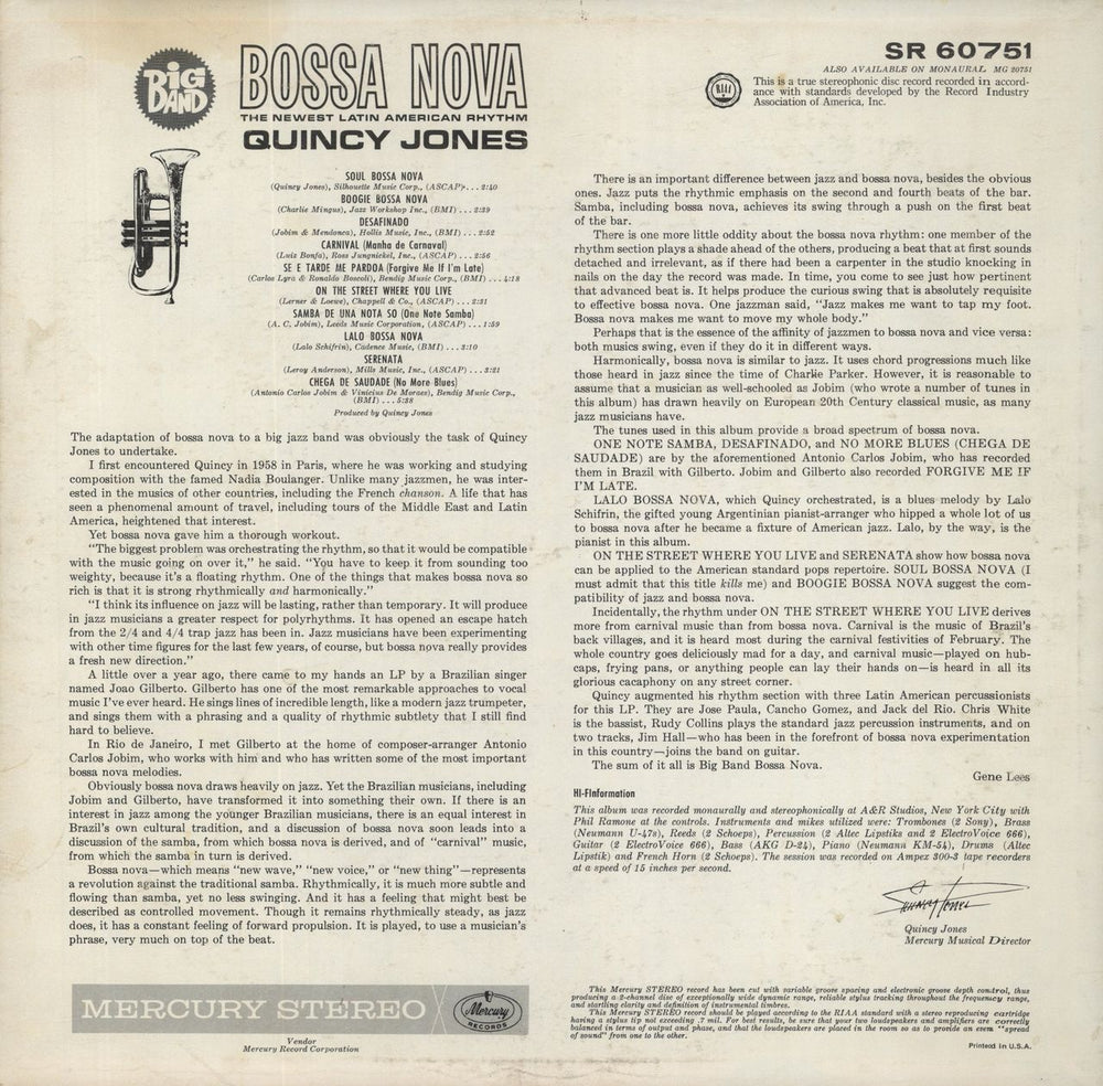 Quincy Jones Big Band Bossa Nova US vinyl LP album (LP record)