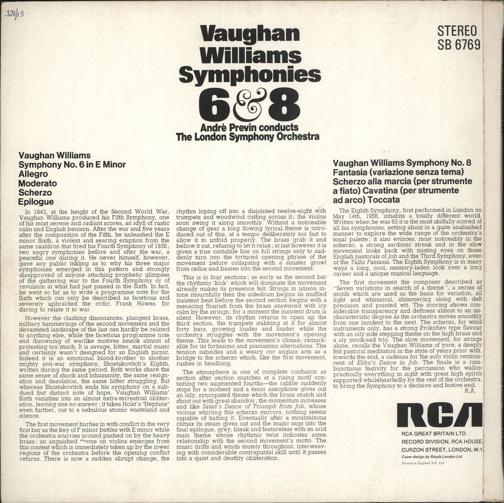 Ralph Vaughan Williams Symphony No 6 In E Minor / Symphony 8 In D Minor UK vinyl LP album (LP record)