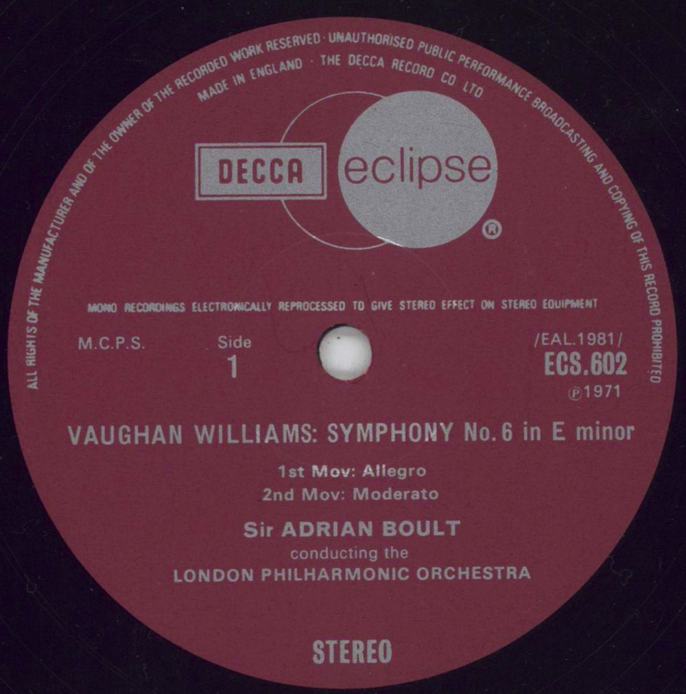 Ralph Vaughan Williams Symphony No. 6 in E Minor UK vinyl LP album (LP record) VB7LPSY660974