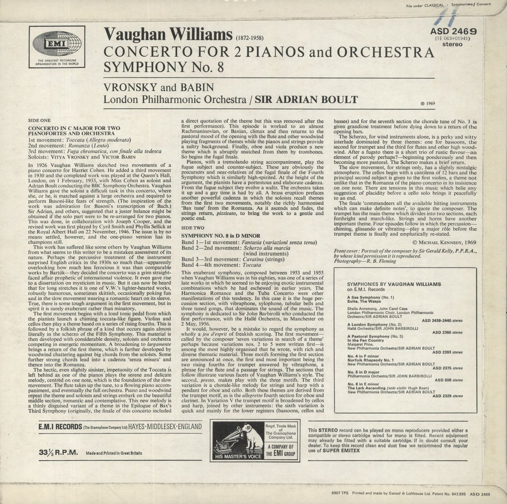 Ralph Vaughan Williams Vaughan Williams: Concerto For Two Pianos And Orchestra, Symphony No. 8 UK vinyl LP album (LP record)