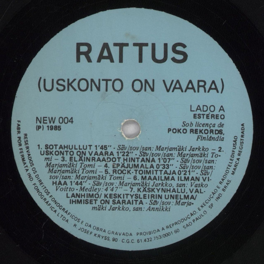 Rattus Uskonto On Vaara Brazilian vinyl LP album (LP record) 69VLPUS835406