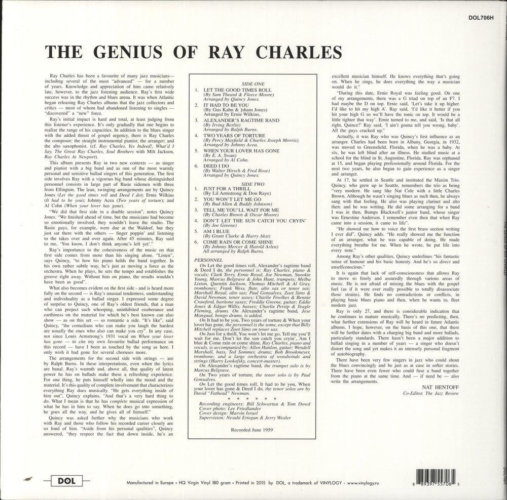 Ray Charles The Genius Of Ray Charles - 180gm UK vinyl LP album (LP record) 081227986636