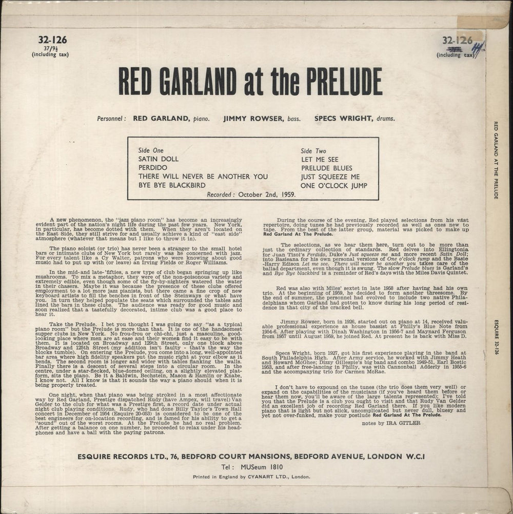 Red Garland At The Prelude UK vinyl LP album (LP record)