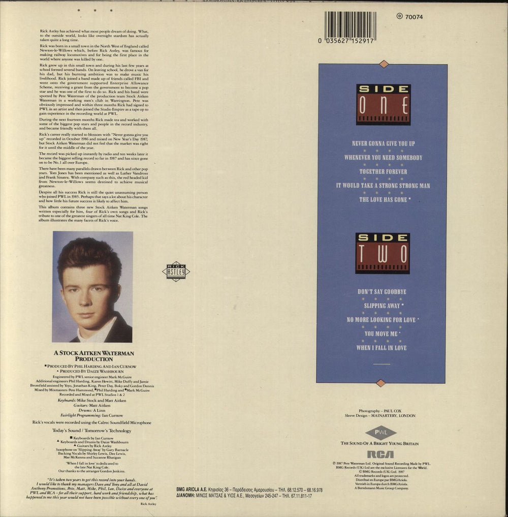 Rick Astley Whenever You Need Somebody Greek vinyl LP album (LP record) 035627152917