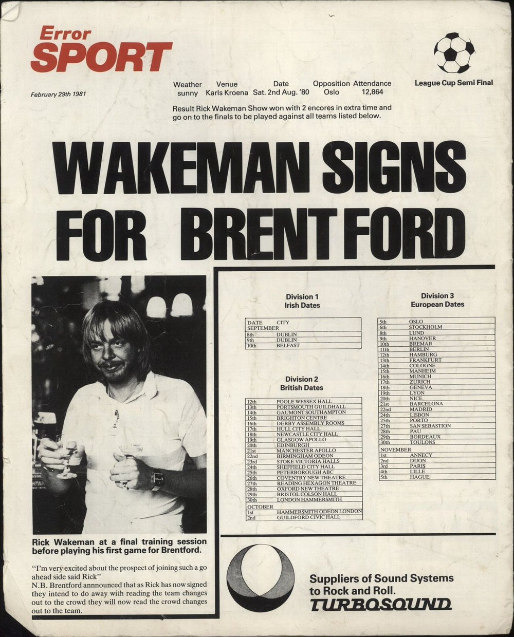 Rick Wakeman Daily Error UK tour programme