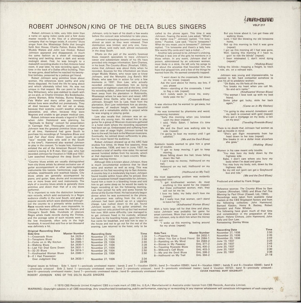 Robert Johnson (30s) King Of The Delta Blues Singers Australian vinyl LP album (LP record)