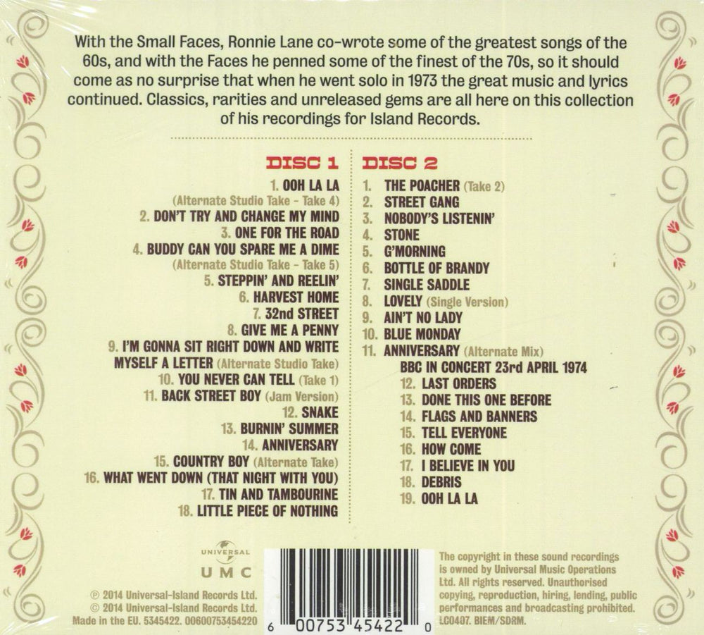 Ronnie Lane Ooh La La - An Island Harvest - Sealed UK 2 CD album set (Double CD)