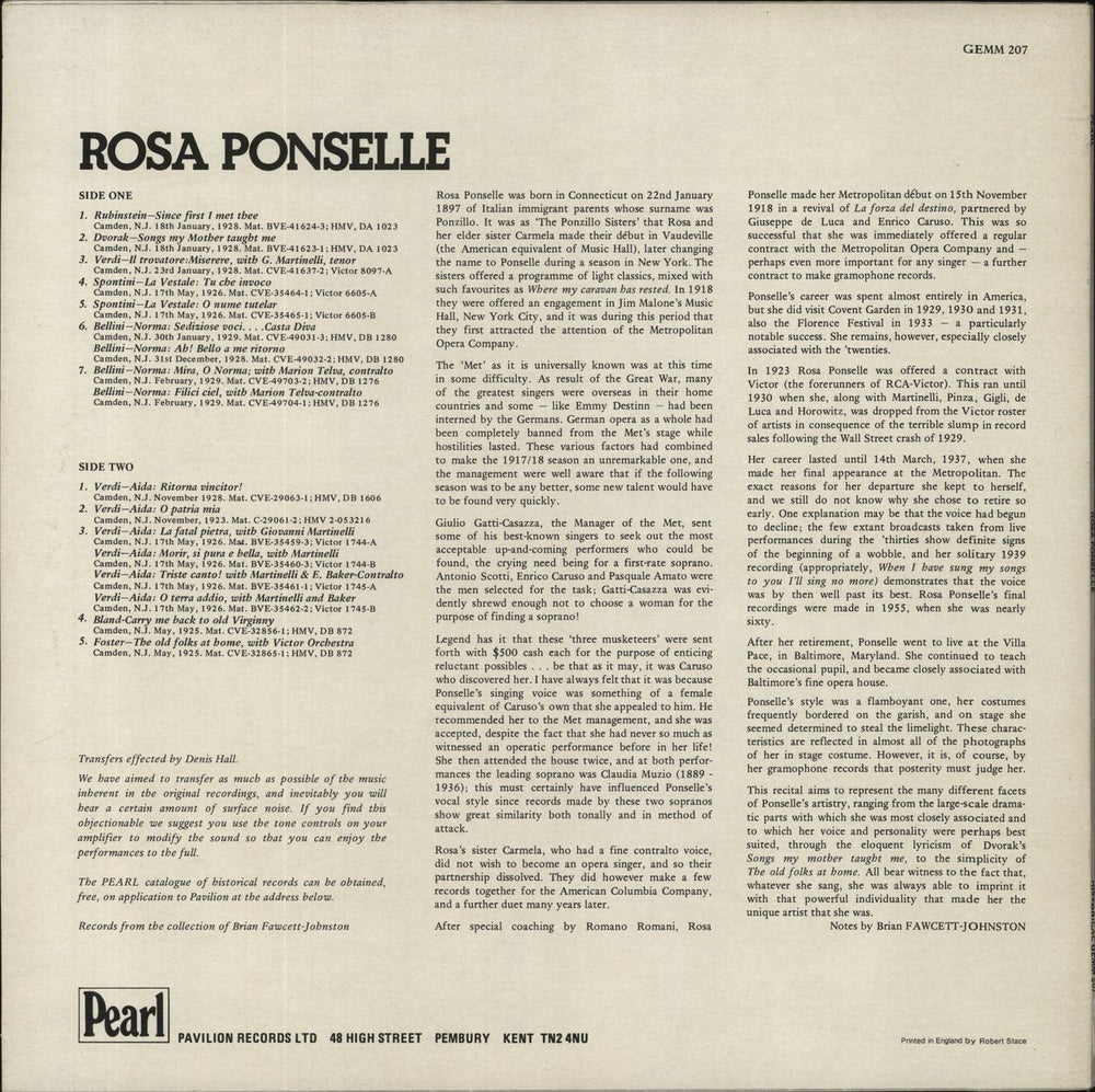 Rosa Ponselle Recorded 1923-1929 UK vinyl LP album (LP record)