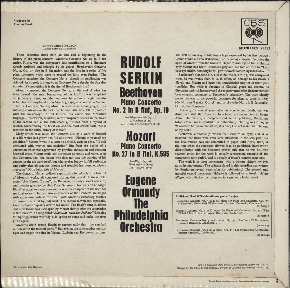 Rudolf Serkin Beethoven: Piano Concerto No. 2 In B-Flat / Mozart: Piano Concerto No. 27 In B-Flat, K. 595 UK vinyl LP album (LP record)