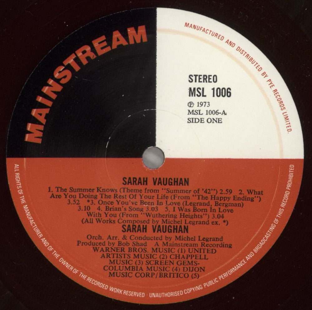 Sarah Vaughan Sarah Vaughan & Michel Legrand UK vinyl LP album (LP record) VAALPSA474970