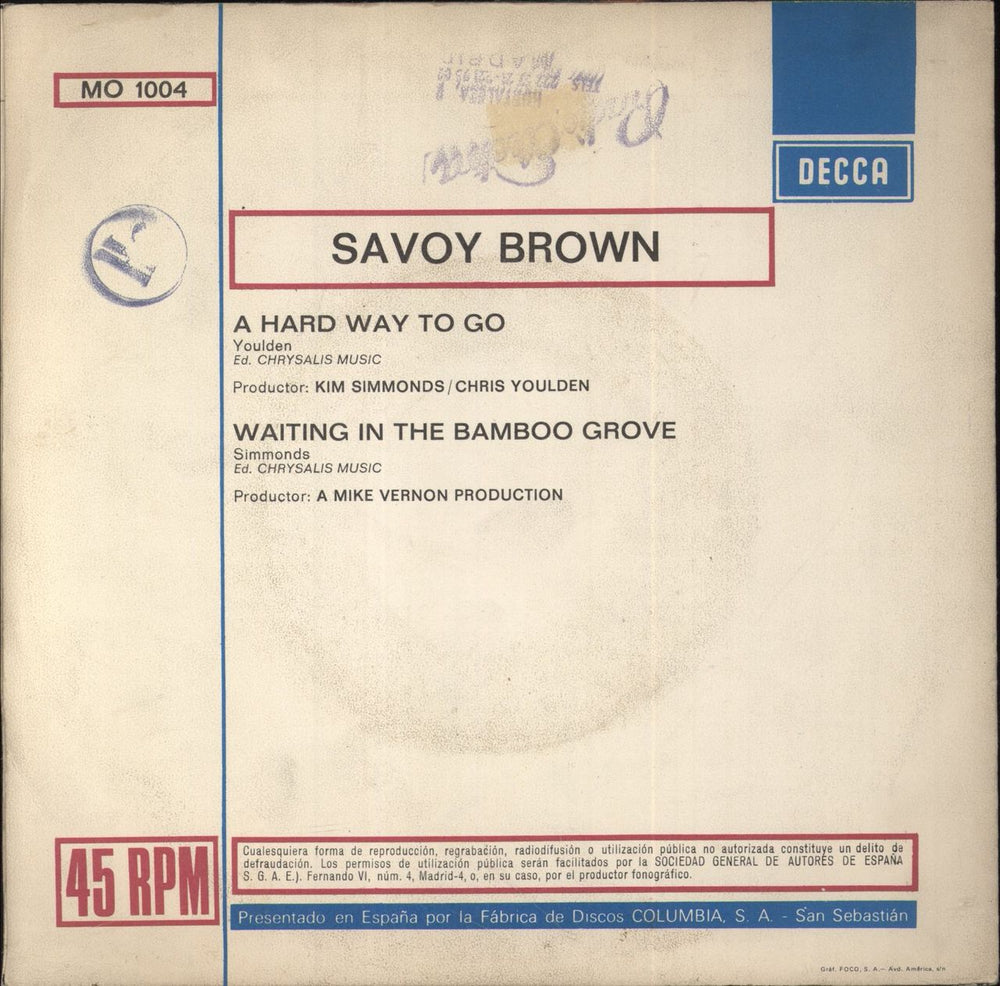 Savoy Brown A Hard Way To Go Spanish 7" vinyl single (7 inch record / 45)