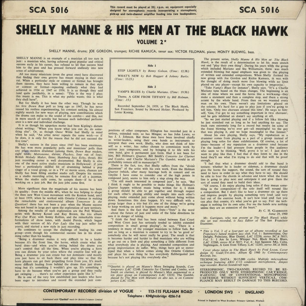 Shelly Manne At The Black Hawk Vol. 2 US vinyl LP album (LP record)