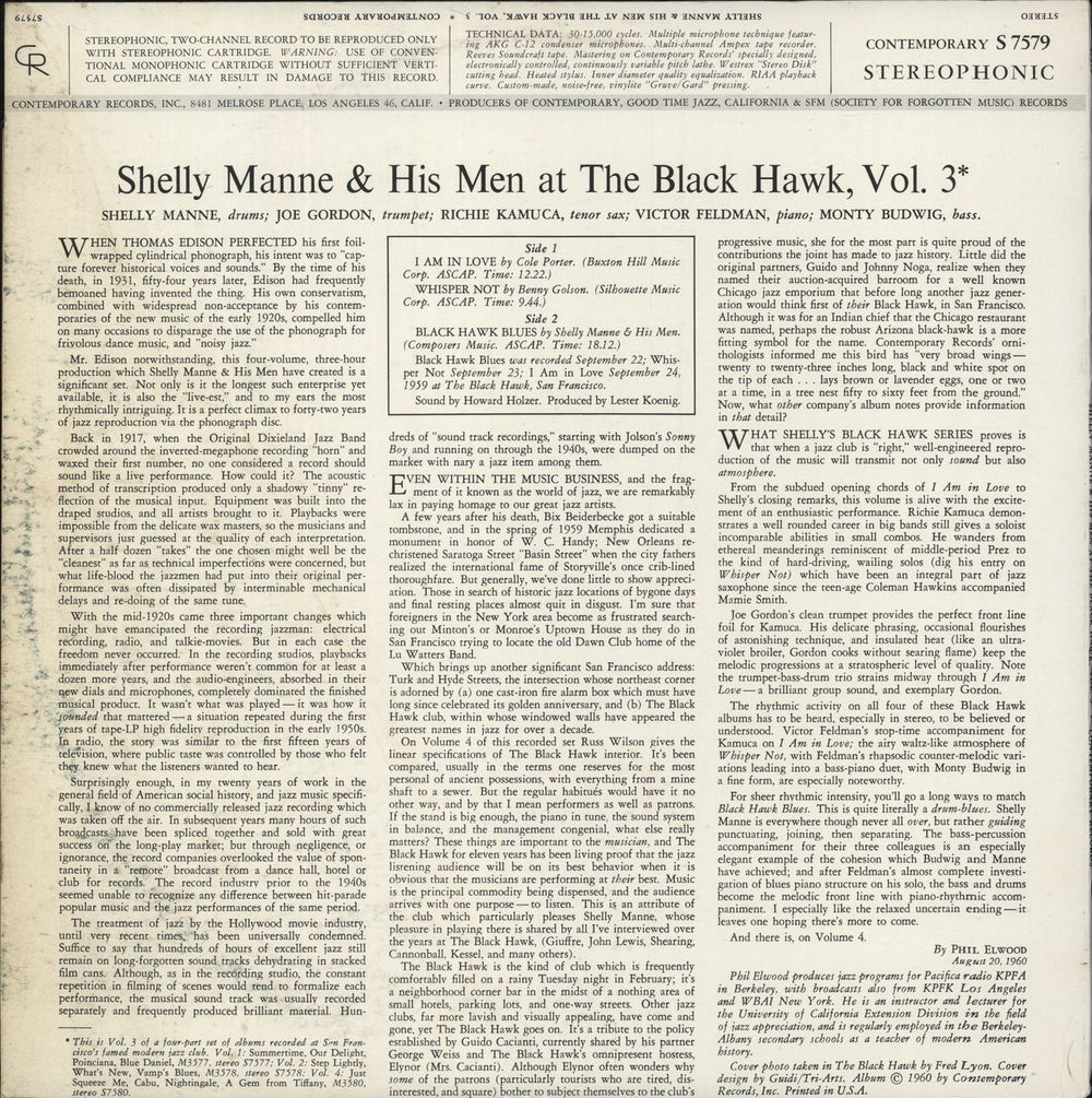 Shelly Manne At The Black Hawk Vol. 3 US vinyl LP album (LP record)