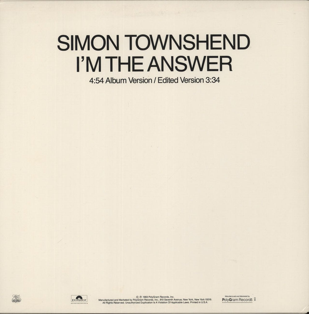 Simon Townshend I'm The Answer US Promo 12" vinyl single (12 inch record / Maxi-single)