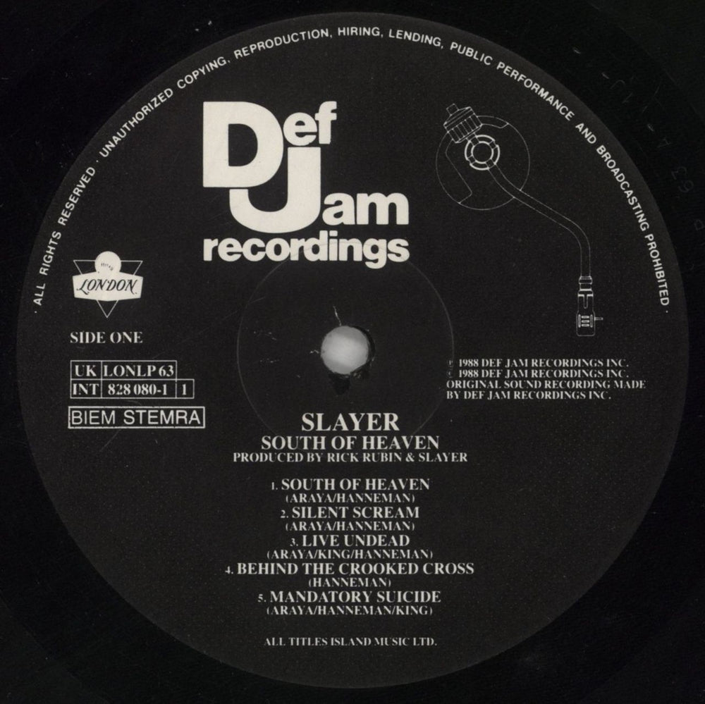 Slayer South Of Heaven - Inner - Hype Stickered UK vinyl LP album (LP record) SLALPSO777807